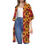 Red Autumn Sunflower Pattern Print Open Front Beach Cover Up