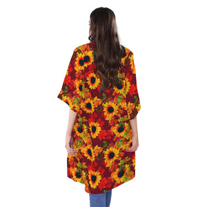 Red Autumn Sunflower Pattern Print Open Front Beach Cover Up