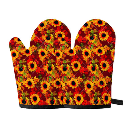 Red Autumn Sunflower Pattern Print Oven Mitts