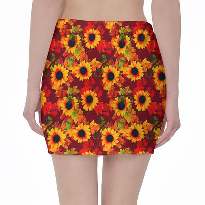 Red Autumn Sunflower Pattern Print Pencil Mini Skirt