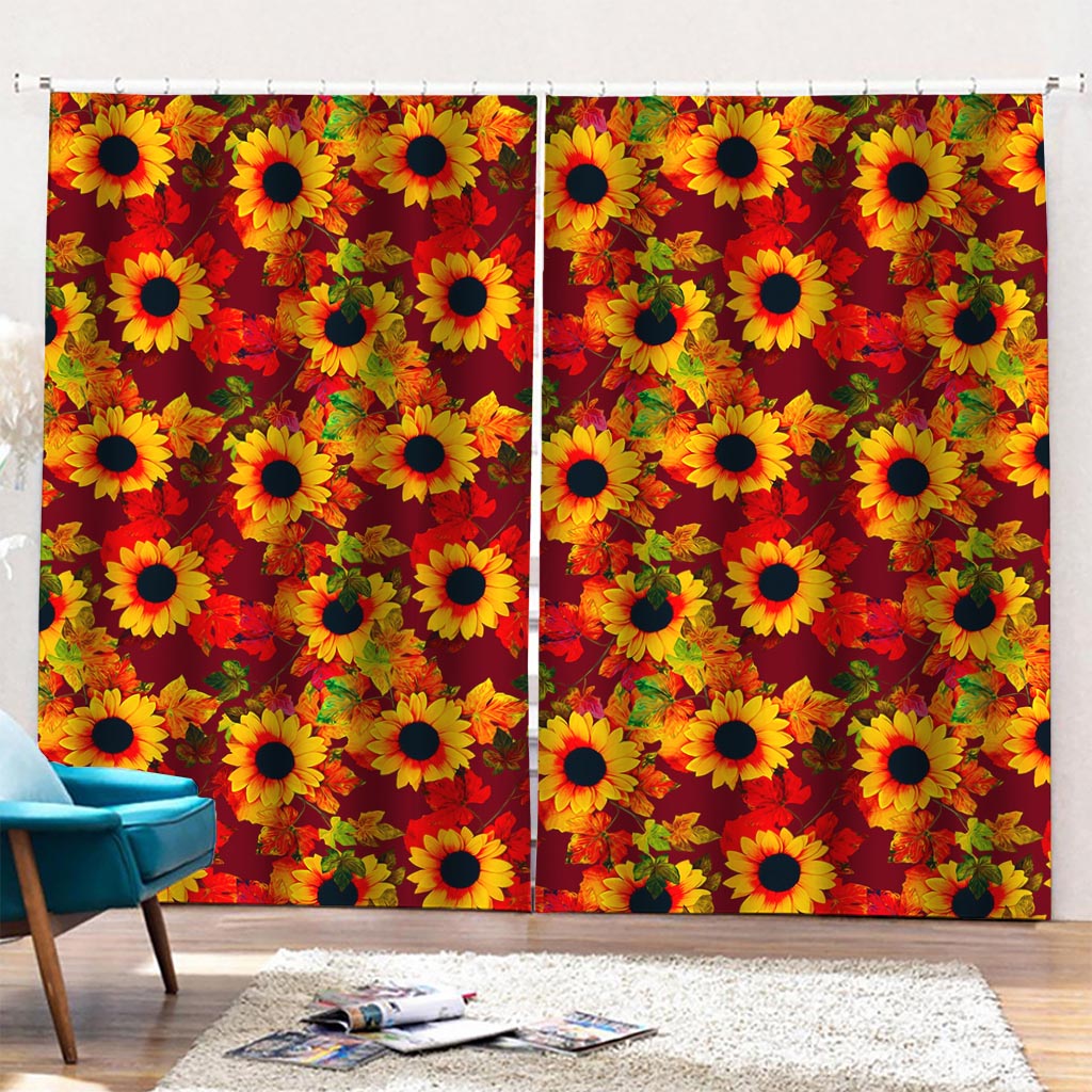 Red Autumn Sunflower Pattern Print Pencil Pleat Curtains