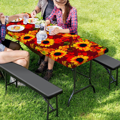 Red Autumn Sunflower Pattern Print Picnic Table Cover
