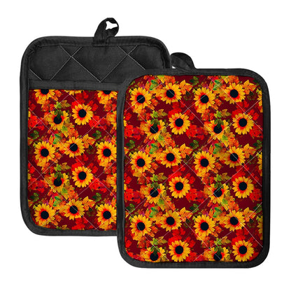 Red Autumn Sunflower Pattern Print Pot Holders With Pocket
