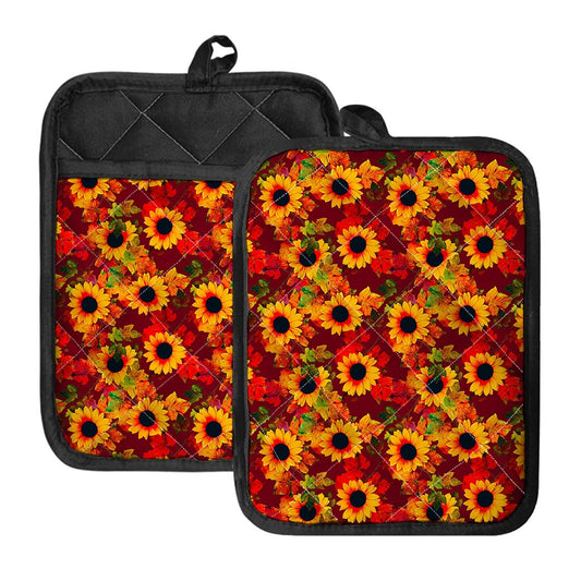 Red Autumn Sunflower Pattern Print Pot Holders With Pocket