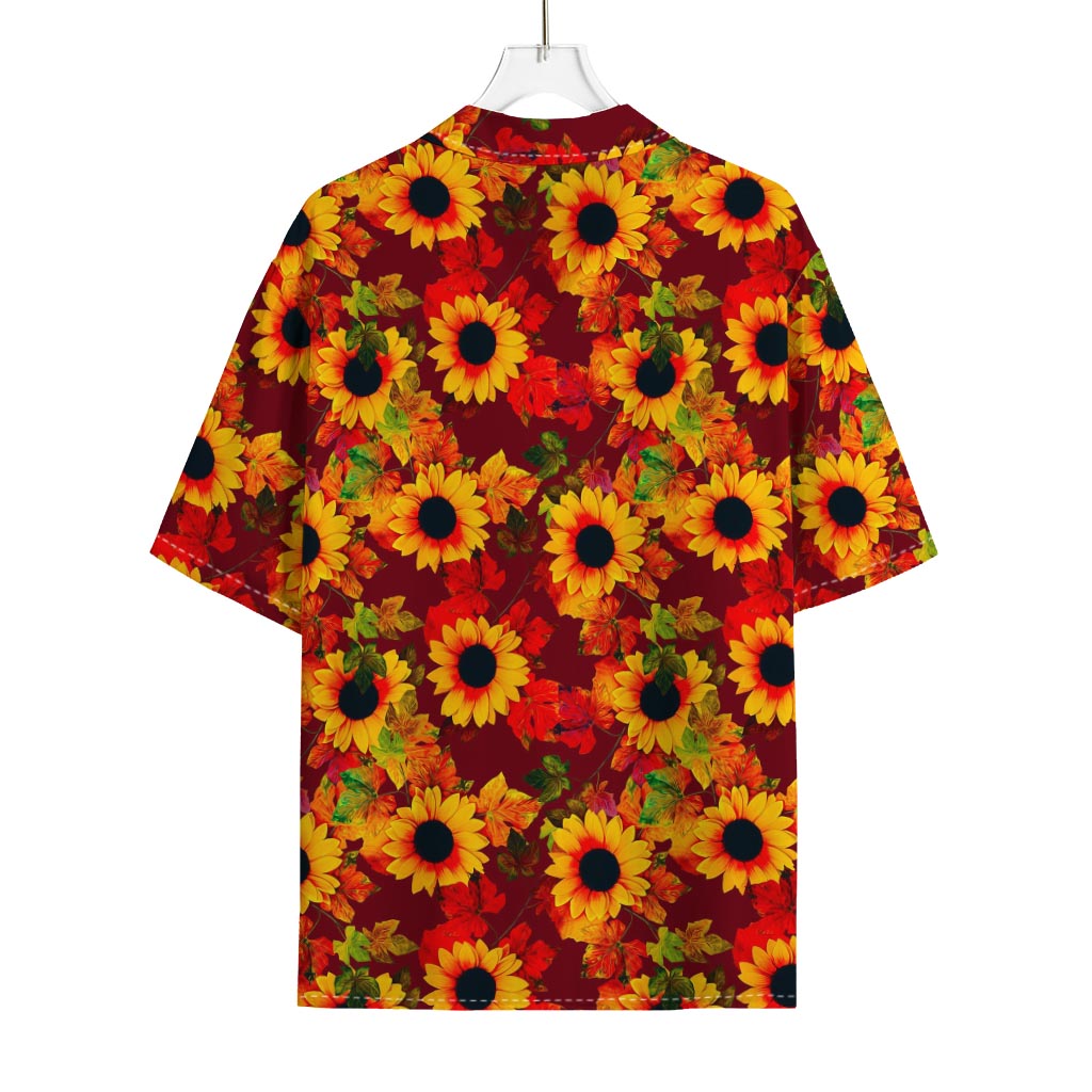 Red Autumn Sunflower Pattern Print Rayon Hawaiian Shirt