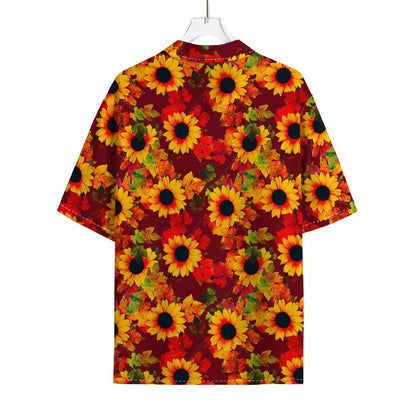 Red Autumn Sunflower Pattern Print Rayon Hawaiian Shirt