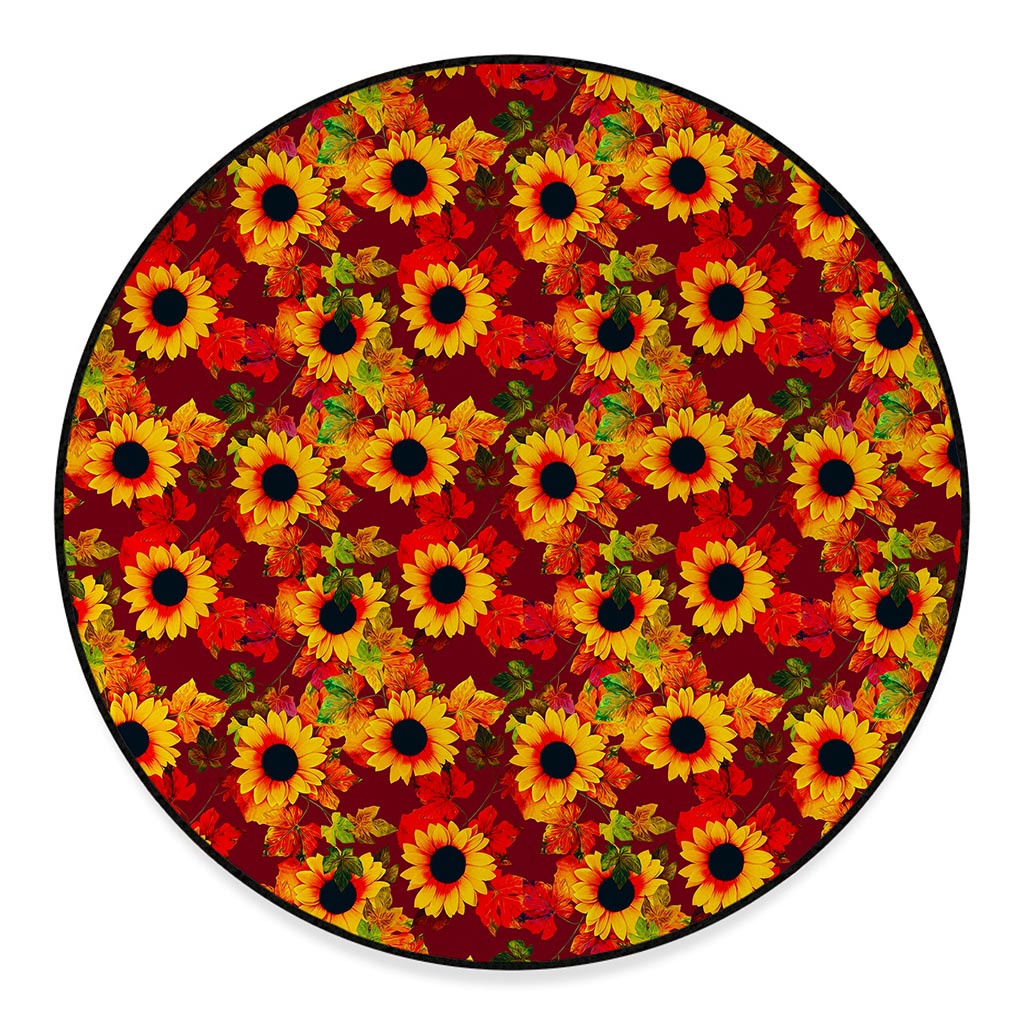 Red Autumn Sunflower Pattern Print Round Floor Mat