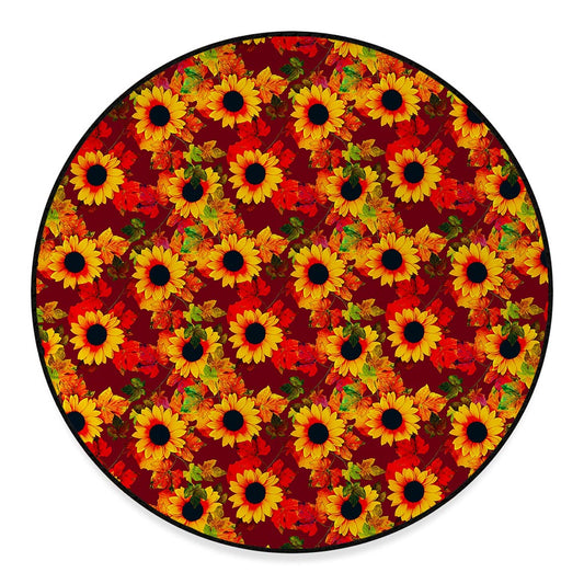 Red Autumn Sunflower Pattern Print Round Floor Mat
