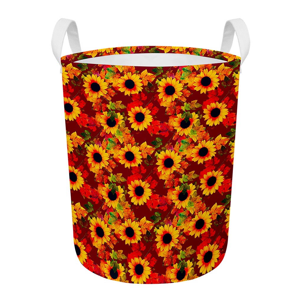 Red Autumn Sunflower Pattern Print Round Laundry Basket