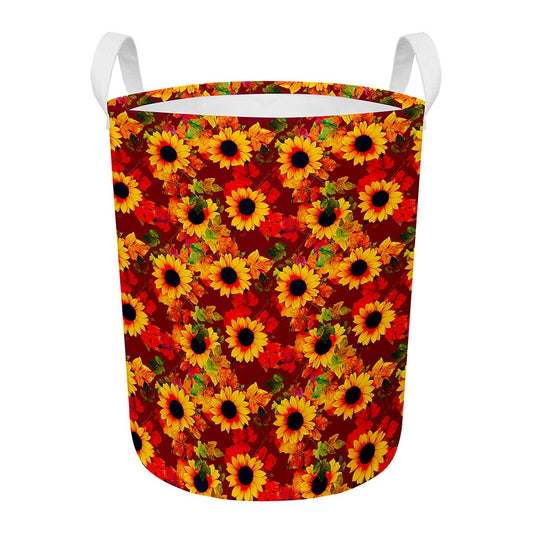 Red Autumn Sunflower Pattern Print Round Laundry Basket
