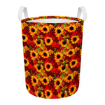 Red Autumn Sunflower Pattern Print Round Laundry Basket