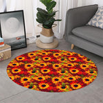 Red Autumn Sunflower Pattern Print Round Rug