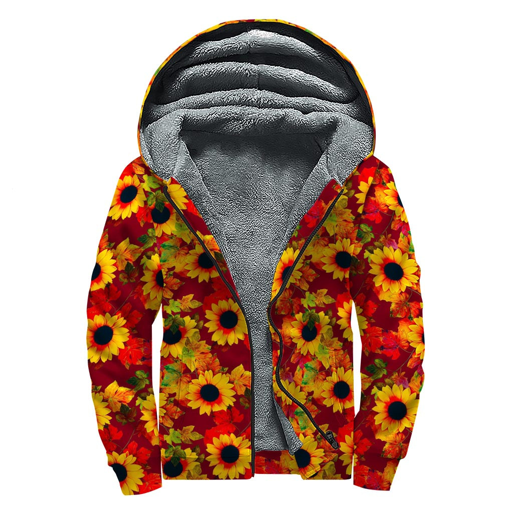 Red Autumn Sunflower Pattern Print Sherpa Lined Zip Up Hoodie