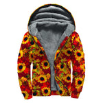 Red Autumn Sunflower Pattern Print Sherpa Lined Zip Up Hoodie