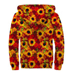 Red Autumn Sunflower Pattern Print Sherpa Lined Zip Up Hoodie