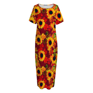 Red Autumn Sunflower Pattern Print Short Sleeve Long Nightdress