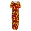 Red Autumn Sunflower Pattern Print Short Sleeve Long Nightdress