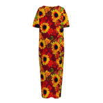 Red Autumn Sunflower Pattern Print Short Sleeve Long Nightdress