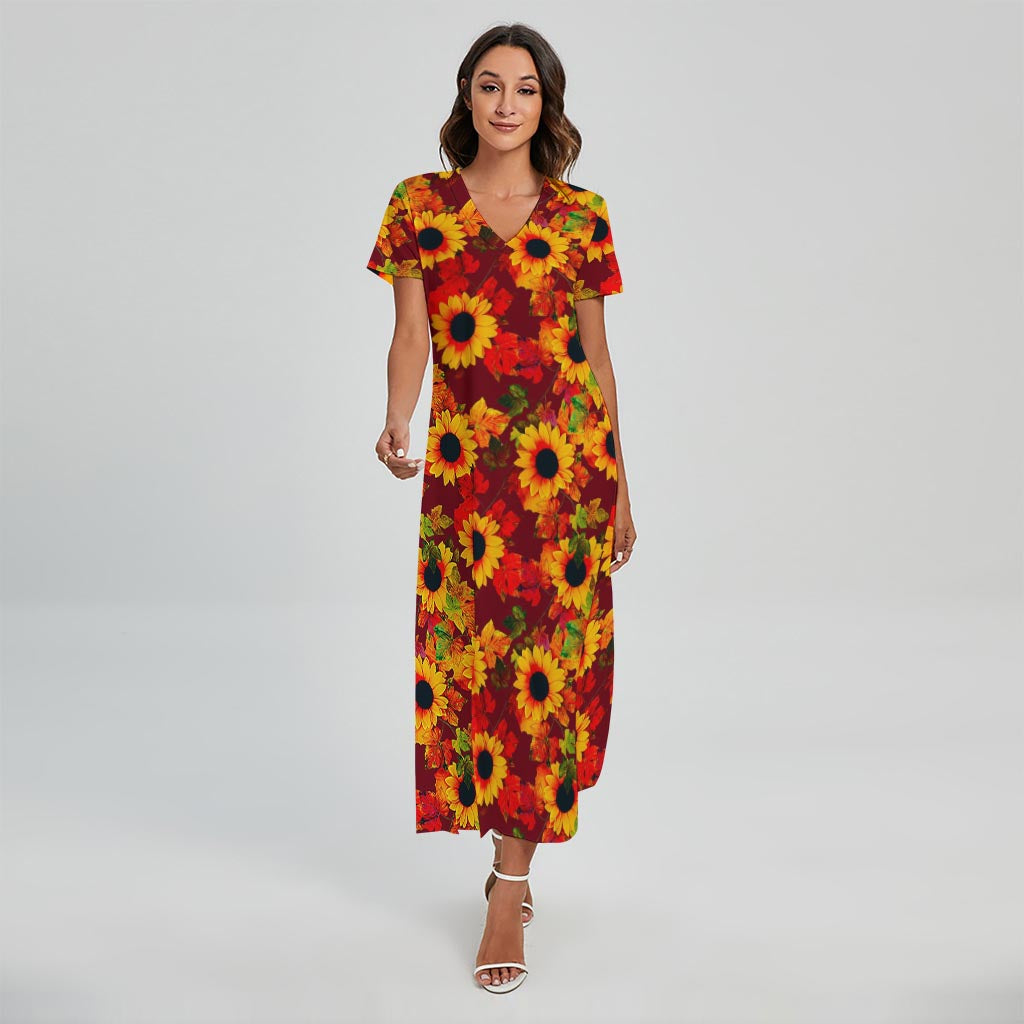 Red Autumn Sunflower Pattern Print Short Sleeve Maxi Dress