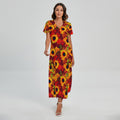 Red Autumn Sunflower Pattern Print Short Sleeve Maxi Dress