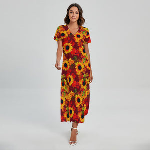 Red Autumn Sunflower Pattern Print Short Sleeve Maxi Dress