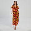 Red Autumn Sunflower Pattern Print Short Sleeve Maxi Dress