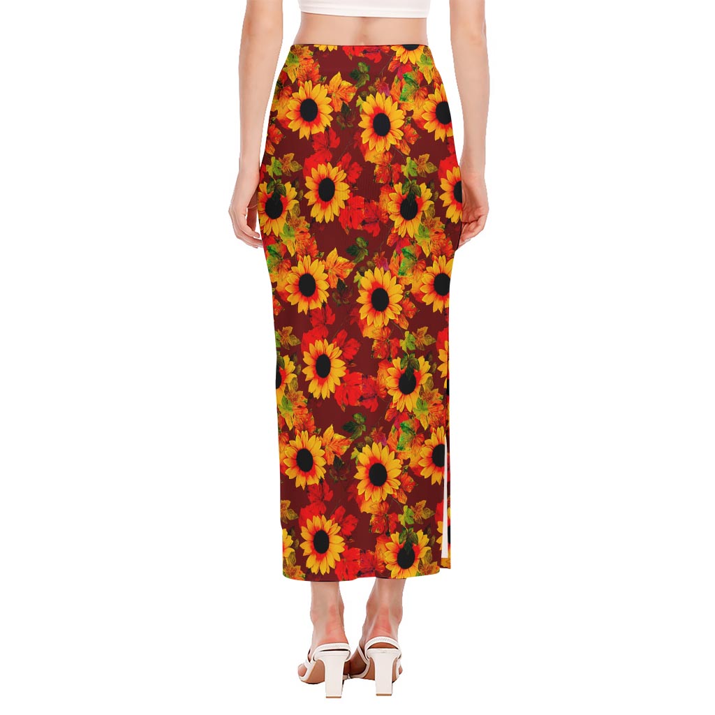 Red Autumn Sunflower Pattern Print Side Slit Maxi Skirt