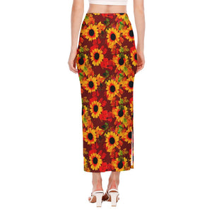 Red Autumn Sunflower Pattern Print Side Slit Maxi Skirt