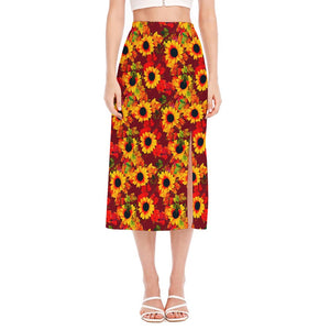 Red Autumn Sunflower Pattern Print Side Slit Midi Skirt