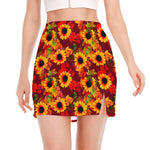 Red Autumn Sunflower Pattern Print Side Slit Mini Skirt