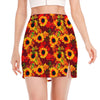 Red Autumn Sunflower Pattern Print Side Slit Mini Skirt