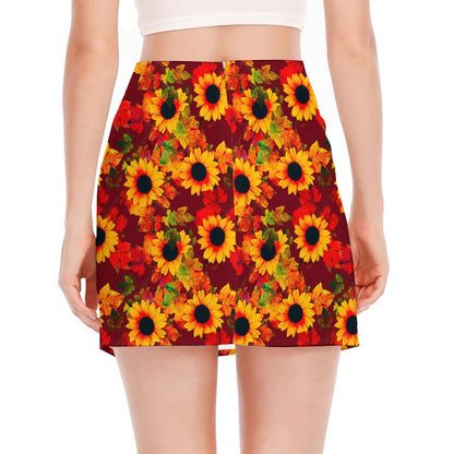 Red Autumn Sunflower Pattern Print Side Slit Mini Skirt