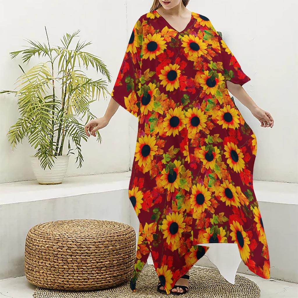 Red Autumn Sunflower Pattern Print Silk V-Neck Kaftan Dress