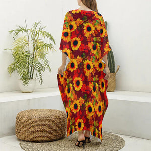 Red Autumn Sunflower Pattern Print Silk V-Neck Kaftan Dress