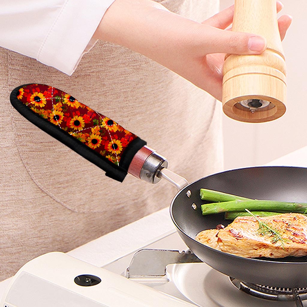 Red Autumn Sunflower Pattern Print Skillet Handle Cover
