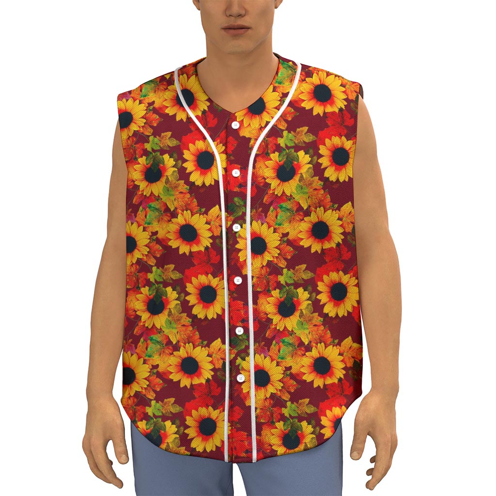 Red Autumn Sunflower Pattern Print Sleeveless Baseball Jersey