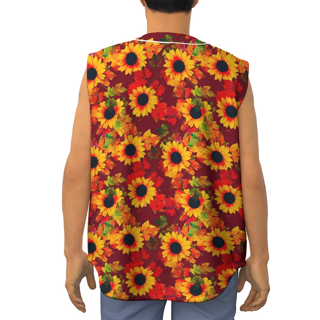 Red Autumn Sunflower Pattern Print Sleeveless Baseball Jersey