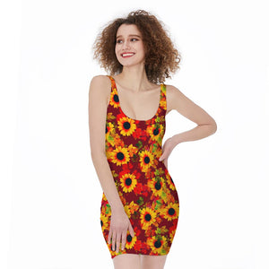 Red Autumn Sunflower Pattern Print Sleeveless Bodycon Dress