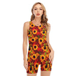 Red Autumn Sunflower Pattern Print Sleeveless One Piece Swimsuit