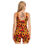 Red Autumn Sunflower Pattern Print Sleeveless One Piece Swimsuit