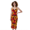 Red Autumn Sunflower Pattern Print Slim Fit Midi Cami Dress