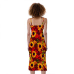 Red Autumn Sunflower Pattern Print Slim Fit Midi Cami Dress