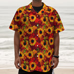 Red Autumn Sunflower Pattern Print Textured Short Sleeve Shirt