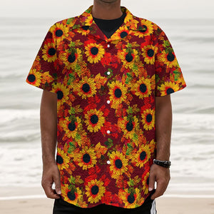 Red Autumn Sunflower Pattern Print Textured Short Sleeve Shirt