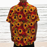 Red Autumn Sunflower Pattern Print Textured Short Sleeve Shirt