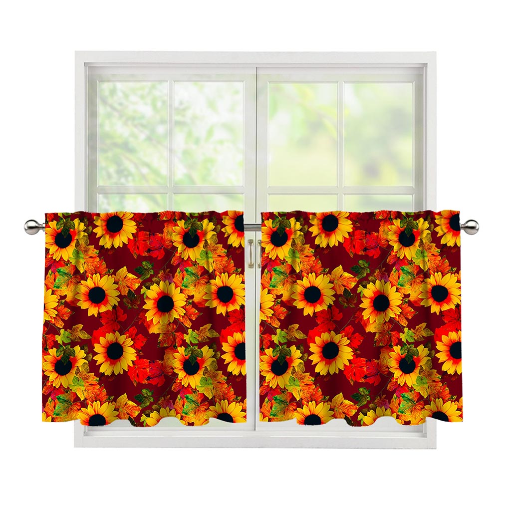 Red Autumn Sunflower Pattern Print Tier Curtains