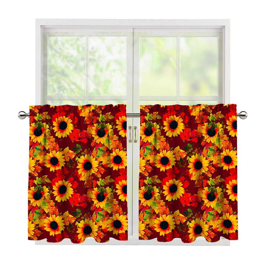 Red Autumn Sunflower Pattern Print Tier Curtains