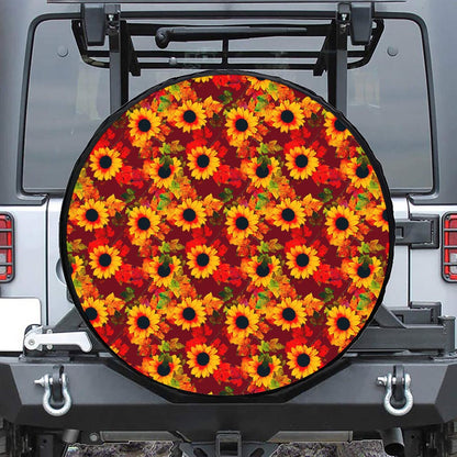 Red Autumn Sunflower Pattern Print Tire Cover