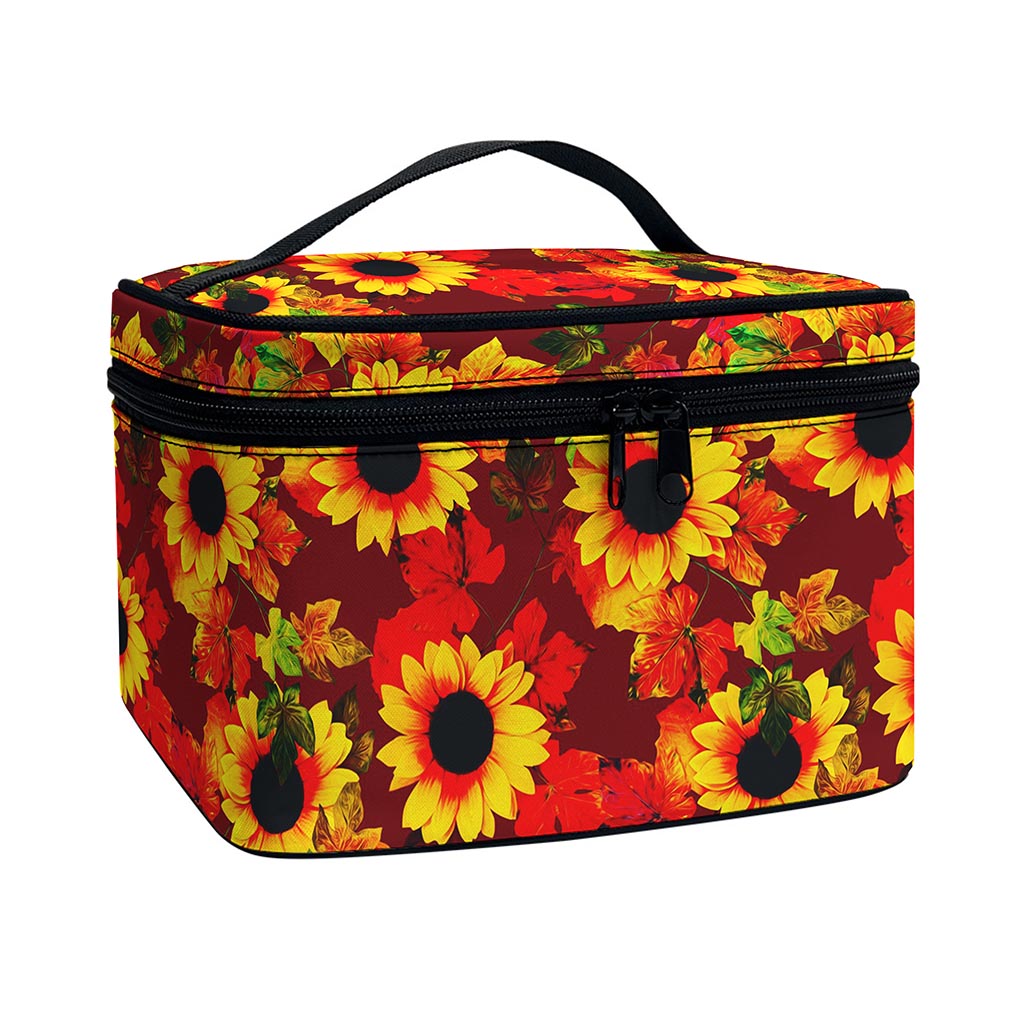 Red Autumn Sunflower Pattern Print Travel Makeup Bag