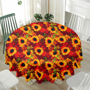 Red Autumn Sunflower Pattern Print Waterproof Round Tablecloth